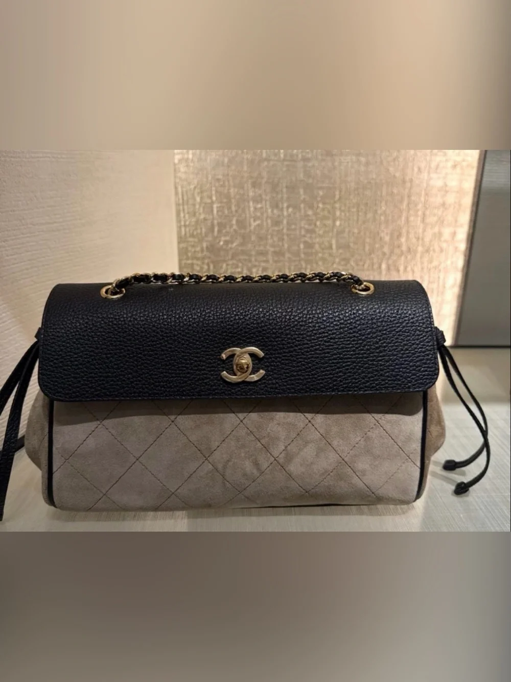 CHANEL Black Leather and Taupe Quilted Shoulder Bag with Gold Hardware